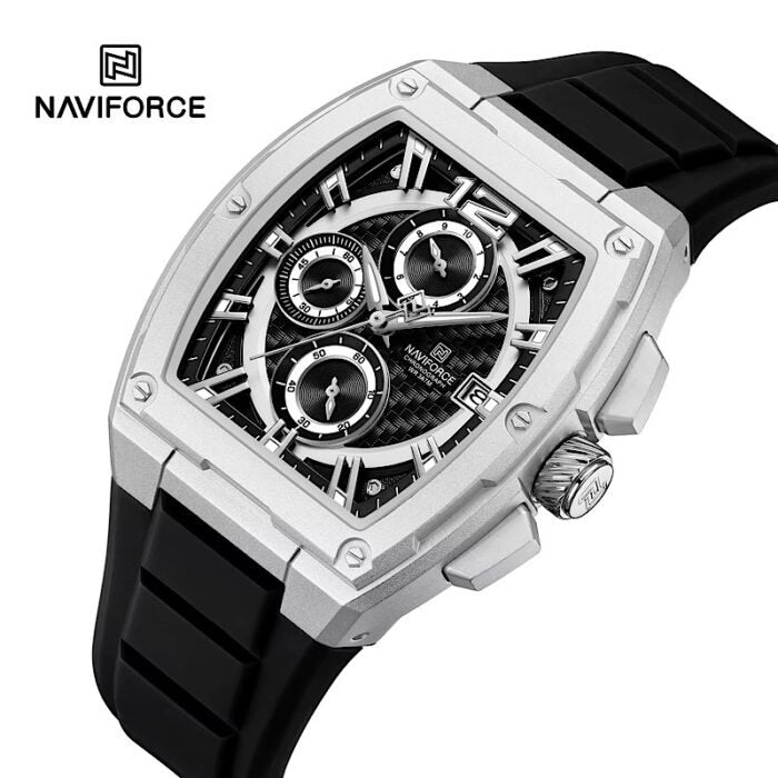 Naviforce Men's Tonneau Barrel Chronograph Watch — Silver & Black Edition