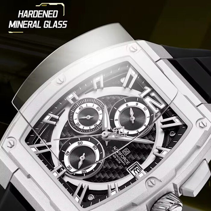 Naviforce Men's Tonneau Barrel Chronograph Watch — Silver & Black Edition