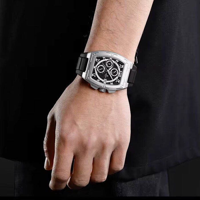 Naviforce Men's Tonneau Barrel Chronograph Watch — Silver & Black Edition