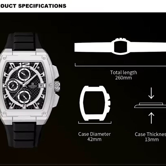 Naviforce Men's Tonneau Barrel Chronograph Watch — Silver & Black Edition