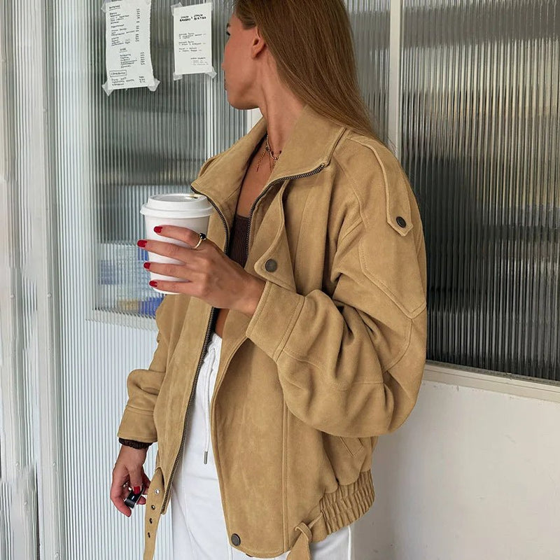 Laura Faux Suede Oversized Bomber Jacket detail view